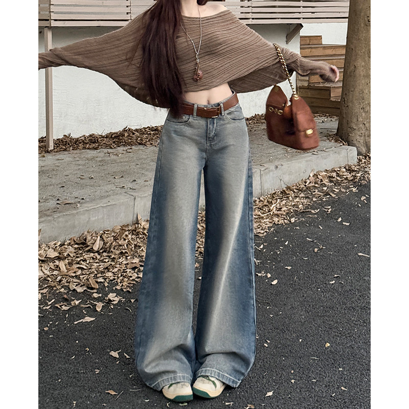 做旧晕染时尚阔腿牛仔裤女2026秋季新款高腰宽松显瘦垂感拖地裤潮