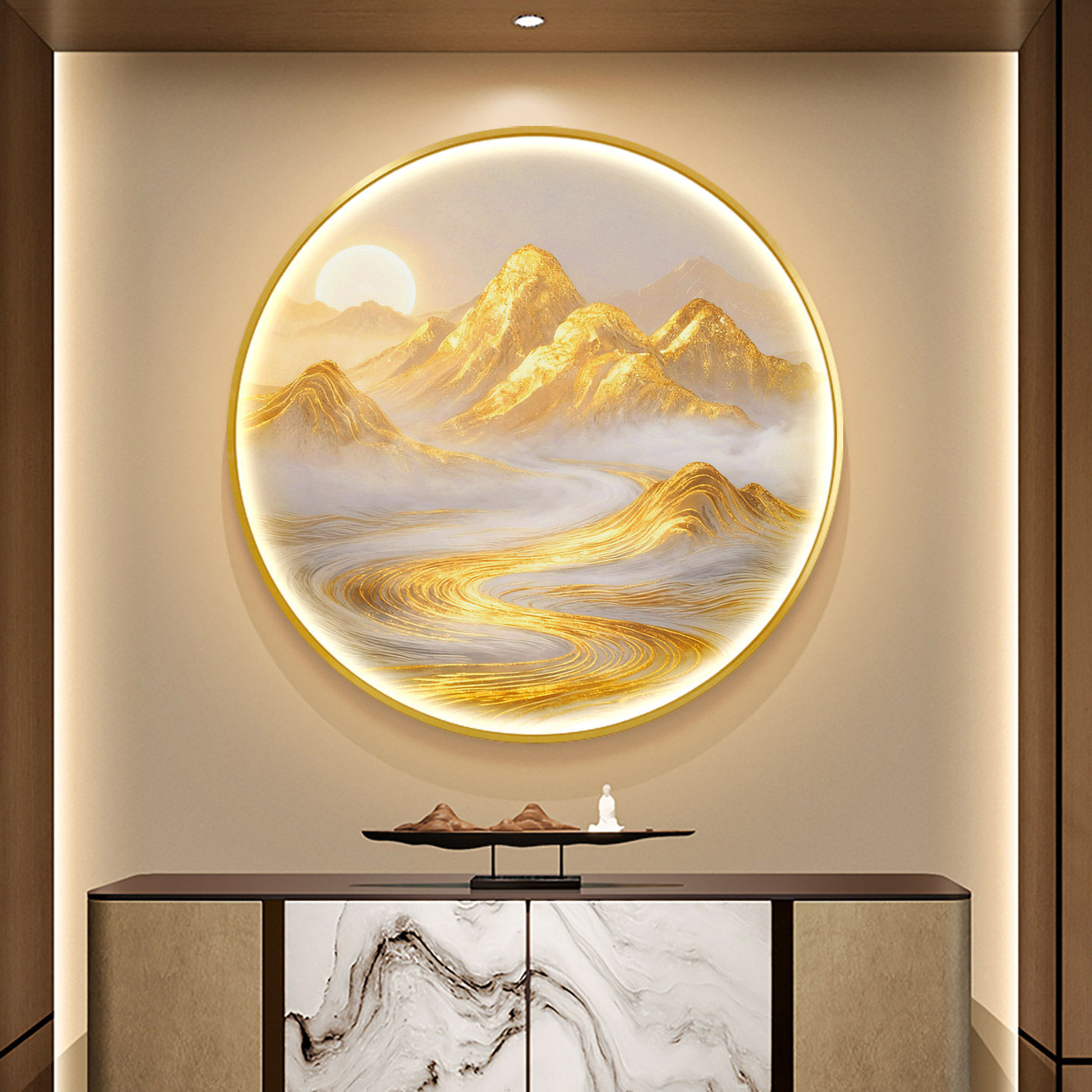 日照金山圆形玄关挂画现代轻奢背靠山水装饰画高级感客厅发光壁画