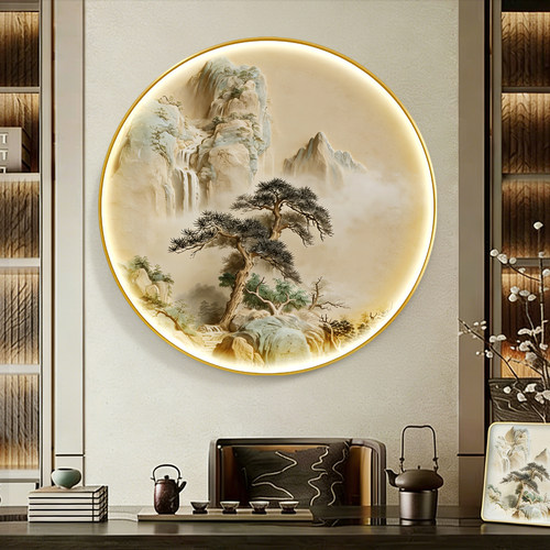 迎客松圆形带灯玄关装饰画新中式入户门挂画过道山水立体感砂岩画