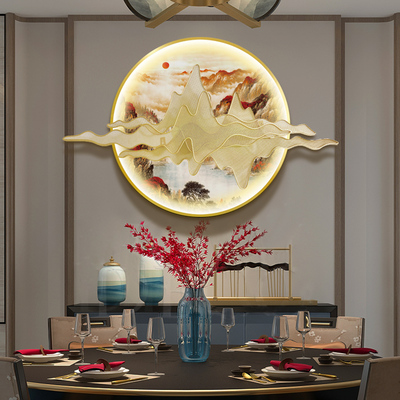 新中式客厅发光铁艺装饰画带灯山水圆形鸿运当头挂画茶室书房挂件