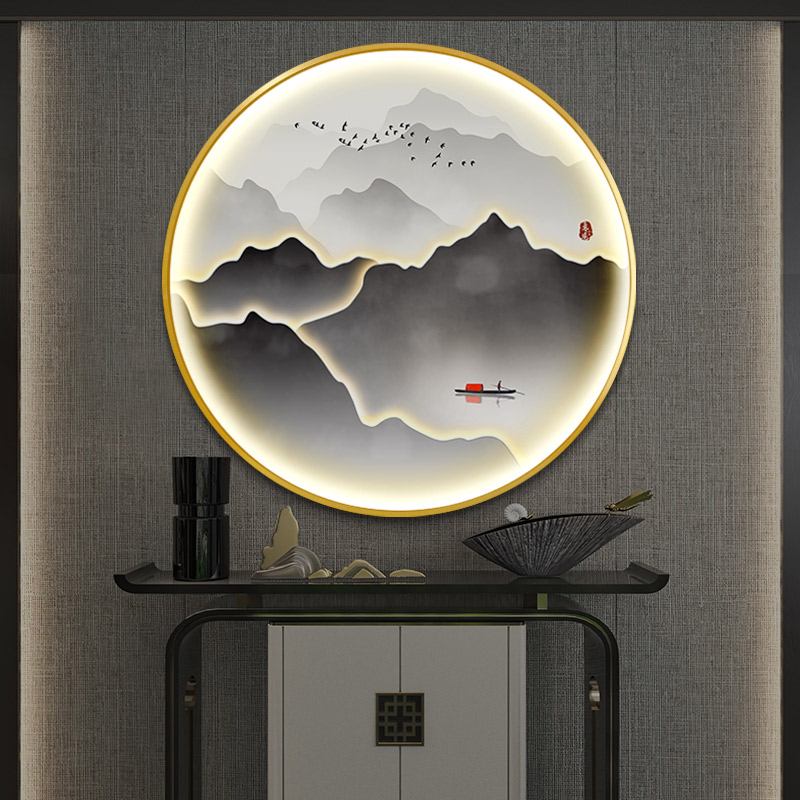 新中式装饰画圆形禅意背景墙灯画过道山水卧室玄关发光晶瓷挂画图片