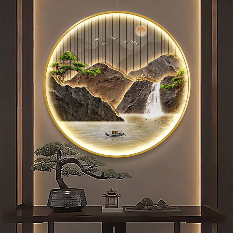 新中式圆形壁画流水生财玄关装饰画迎客松灯画大气山水画客厅挂画图片