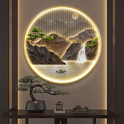 新中式圆形壁画 画流水生财玄关装饰画 画迎客松灯画 画大气山水