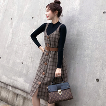 吊带马甲背心格子毛呢中长款 连衣裙两件套装 女秋冬 长袖 打底针织衫