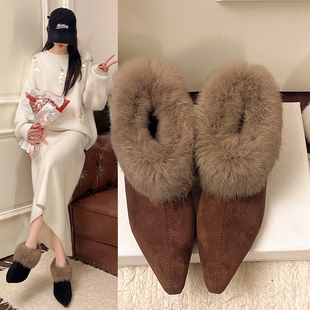 内增高6CM加绒森系兔毛尖头毛毛鞋勃肯棉鞋秋冬高跟保暖深口单鞋