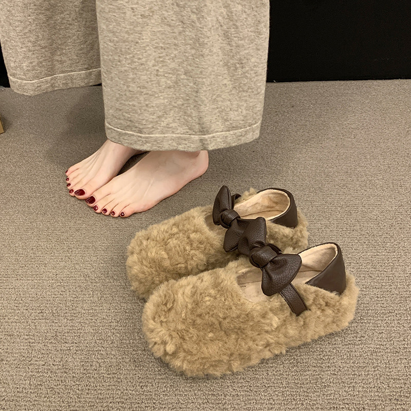羊羔绒毛毛鞋女2025新款秋冬晚晚风蝴蝶结平底玛丽珍软底豆豆棉鞋,女鞋,勃肯鞋/软木鞋,淘宝优惠券,粉丝福利购,淘宝优惠卷