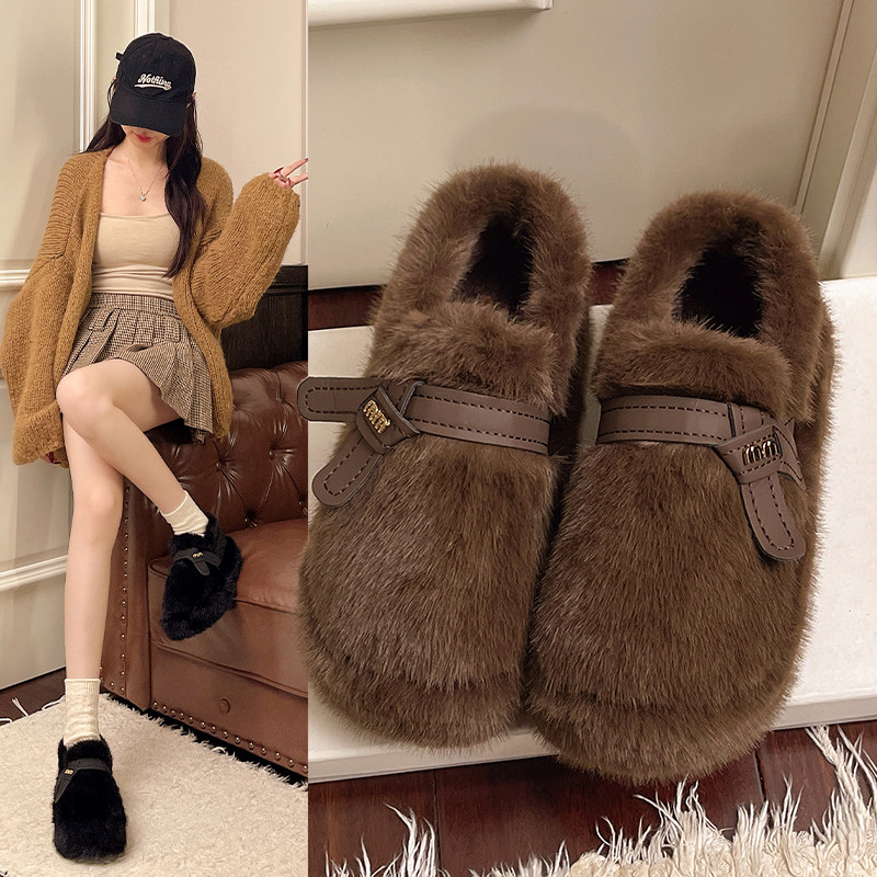 网红厚底水貂毛毛鞋女外穿2025新款冬季加绒棉鞋软底一脚蹬豆豆鞋,女鞋,时尚雪地靴,淘宝优惠券,粉丝福利购,淘宝优惠卷