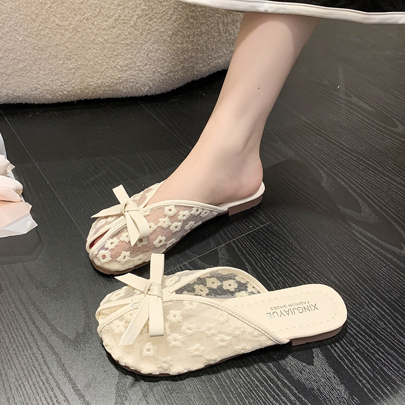 包头凉拖鞋女夏季外穿蕾丝网面刺绣软底仙女半拖鞋平底防滑轻便