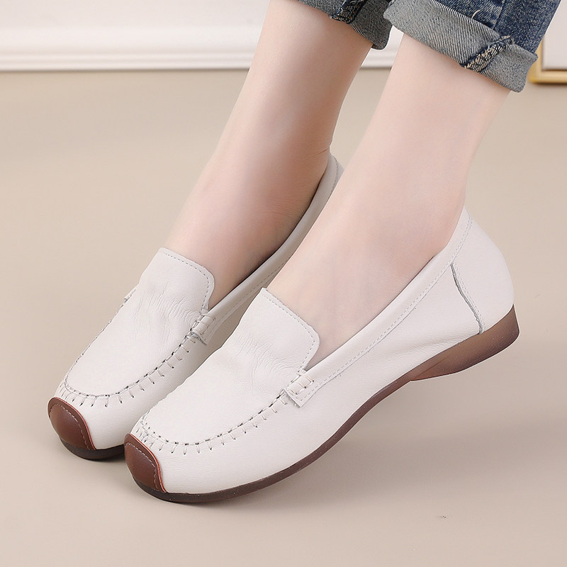 真皮乐福鞋女春季新款软底妈妈鞋平底豆豆鞋舒适牛筋底工作鞋皮鞋