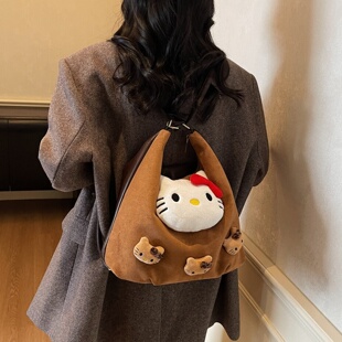 韩版可爱猫咪大容量单肩包女2026新款超火豹纹麂皮百搭多用双肩包