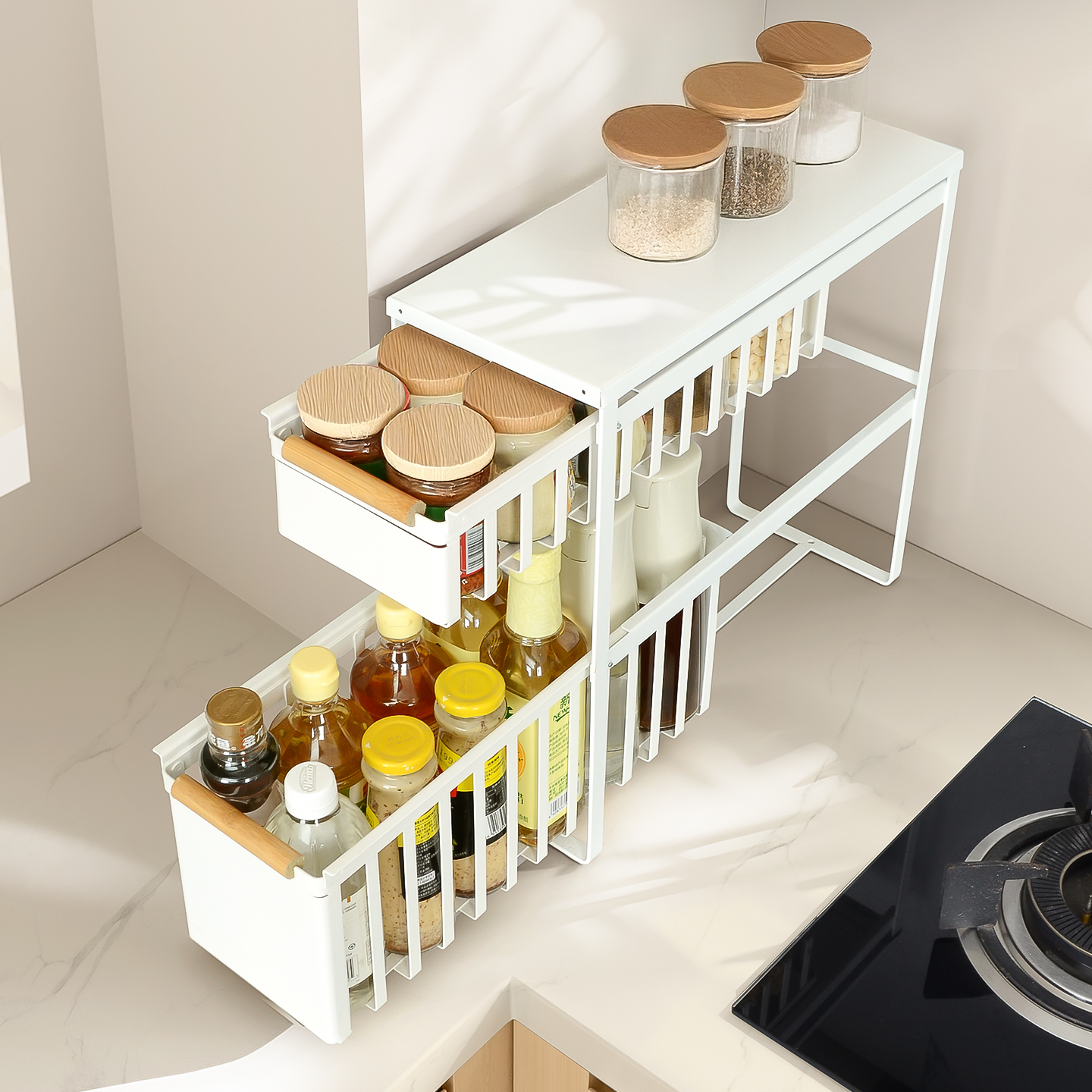 抽拉式调料架台式油盐酱醋收纳架窄缝抽拉篮双层置物架厨房调味料