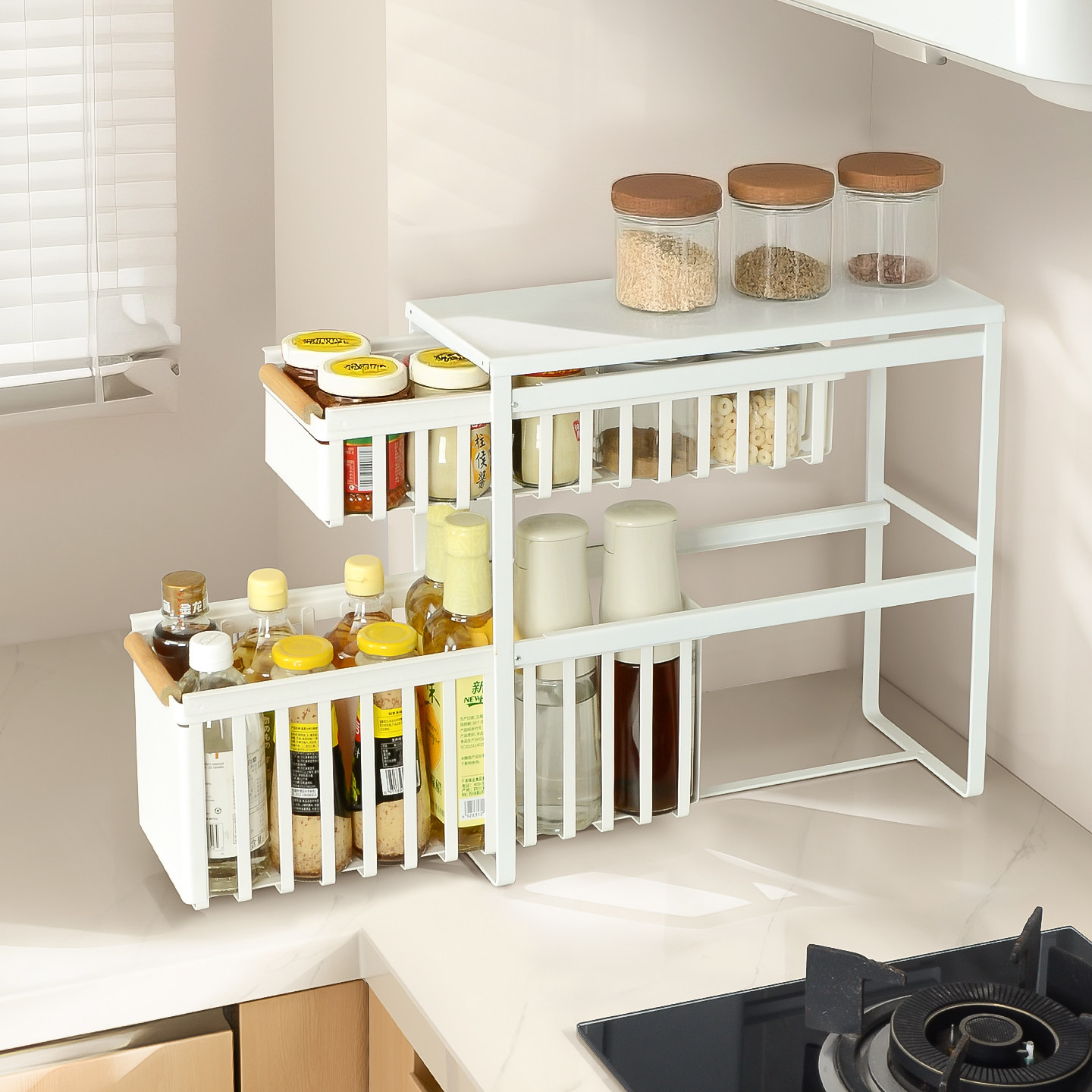 抽拉式调料架台式油盐酱醋收纳架窄缝抽拉篮双层置物架厨房调味料