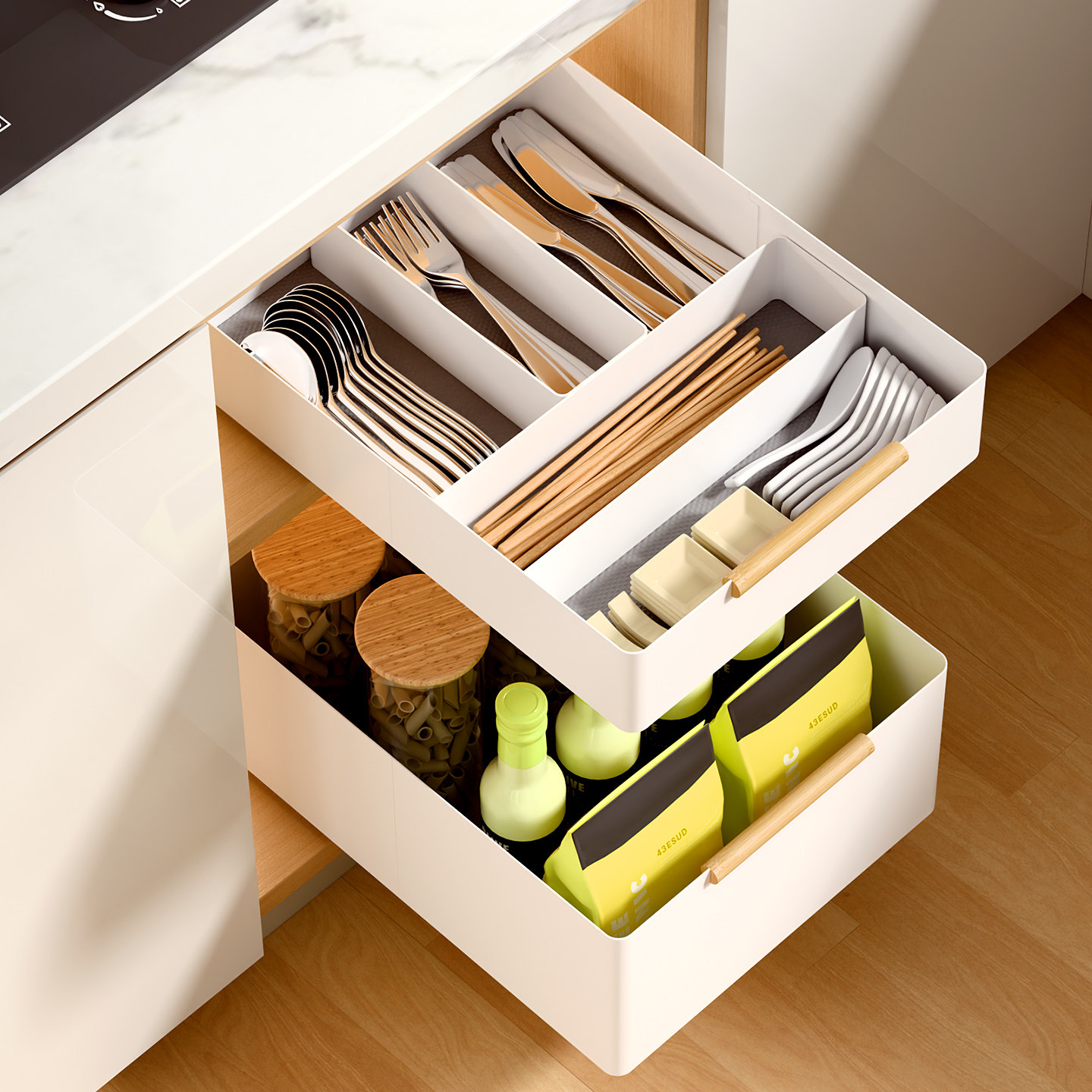 厨房分隔置物架抽拉式餐具收纳盒
