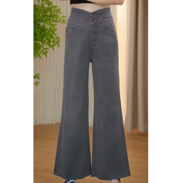 2025秋V字高腰蜜桃臀弹力显瘦牛仔女外穿提臀窄版直筒阔腿微喇裤