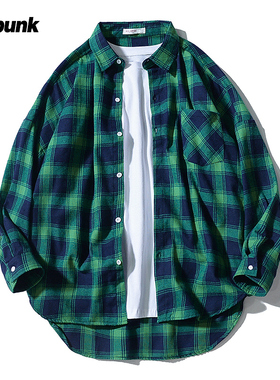 春秋日系复古绿色格子长袖衬衫宽松休闲外套男女韩版宽松百搭衬衣