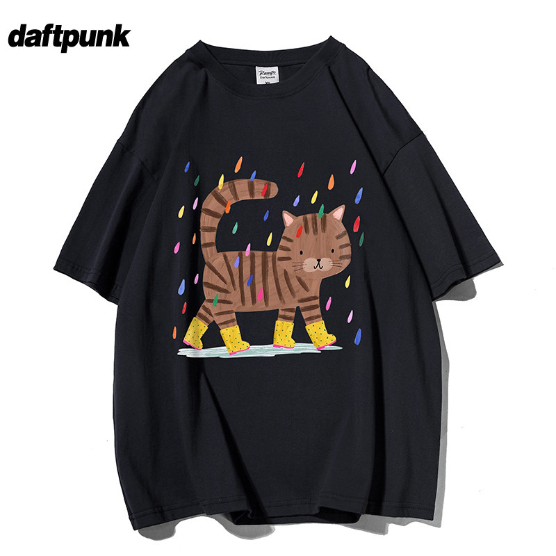 美式复古趣味猫咪印花T恤男女