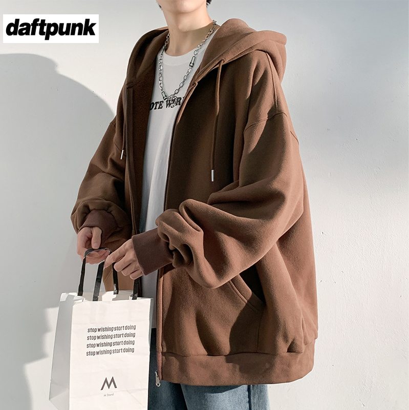 重磅加绒拉链开衫纯色连帽宽松