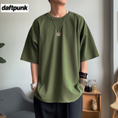 军绿色260G重磅t恤男女纯棉圆领宽松打底衫 Tee 短袖 半袖 夏纯色美式