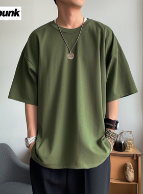 军绿色260G重磅t恤男女纯棉圆领宽松打底衫半袖夏纯色美式短袖Tee