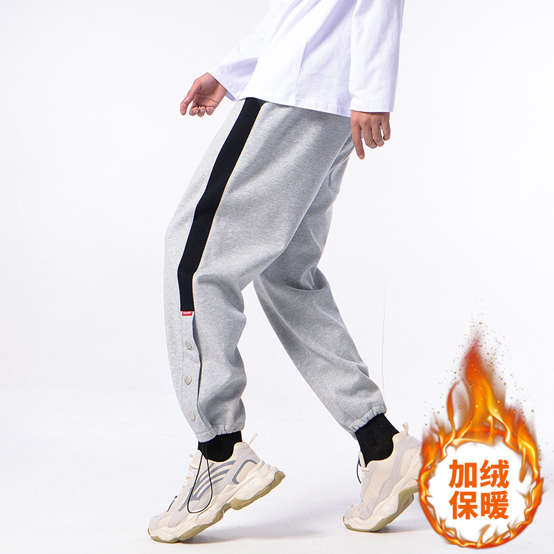 美式高街休闲加绒保暖裤子男潮牌宽松加厚运动卫裤重磅束脚直筒裤