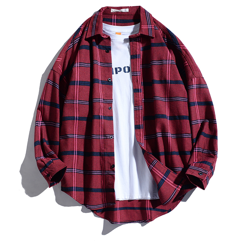 春秋夏季宽松格子衬衫男士外套韩版休闲学生男港风长袖衬衣文艺潮