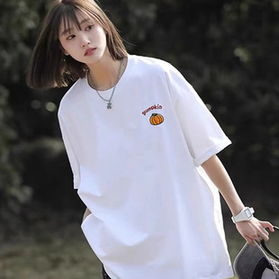 减龄文艺男女情侣装 绣花大码 T恤女高级感时尚 学院风撞色刺绣短袖