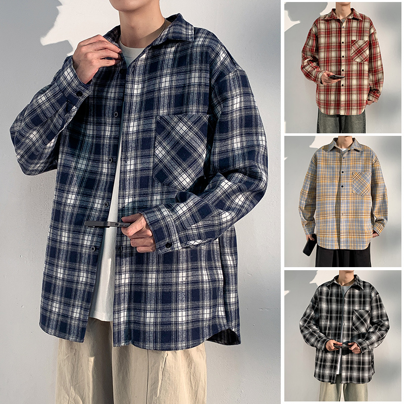 明星同款美式复古磨毛格子长袖