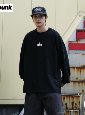 2025秋新款美式休闲alo字母硅胶印花长袖t恤男索罗娜宽松百搭上衣