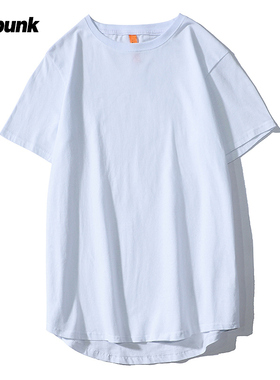 春夏季纯棉ins国潮高街圆弧下摆叠穿短袖T恤宽松男女加长款打底衫