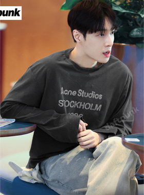 张艺兴明星同款1996做旧字母印花长袖T恤纯棉百搭打底经典款上衣