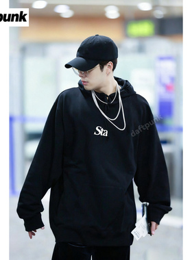 王嘉尔同款Sta连帽卫衣男女款慵懒宽松简约字母460g加绒百搭帽衫