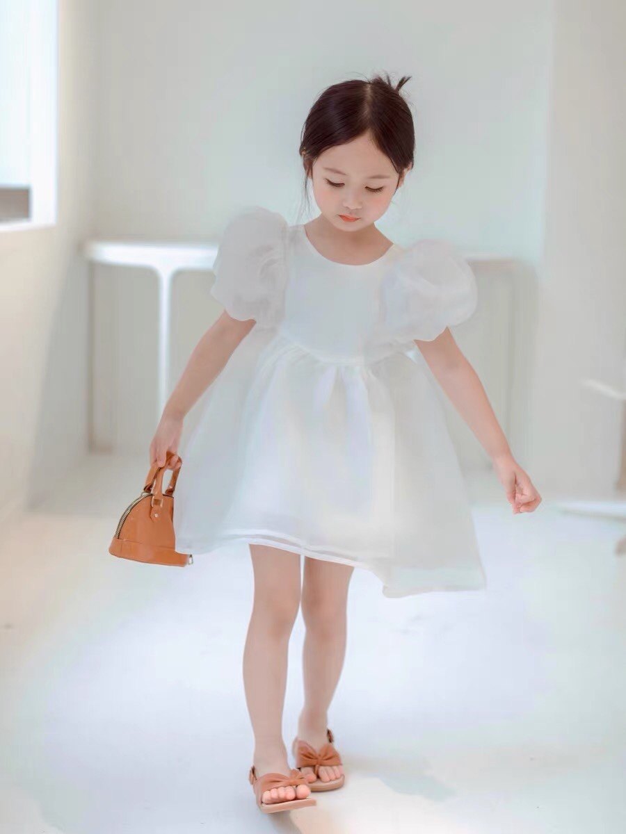 ins女童连衣裙夏白色欧根纱裙泡泡袖公主裙小女孩演出礼服