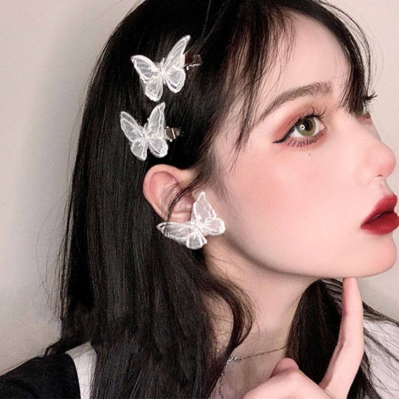 蝴蝶森系仙女耳钉耳环复古新娘超仙头饰白色蕾丝黑色耳夹发夹ins