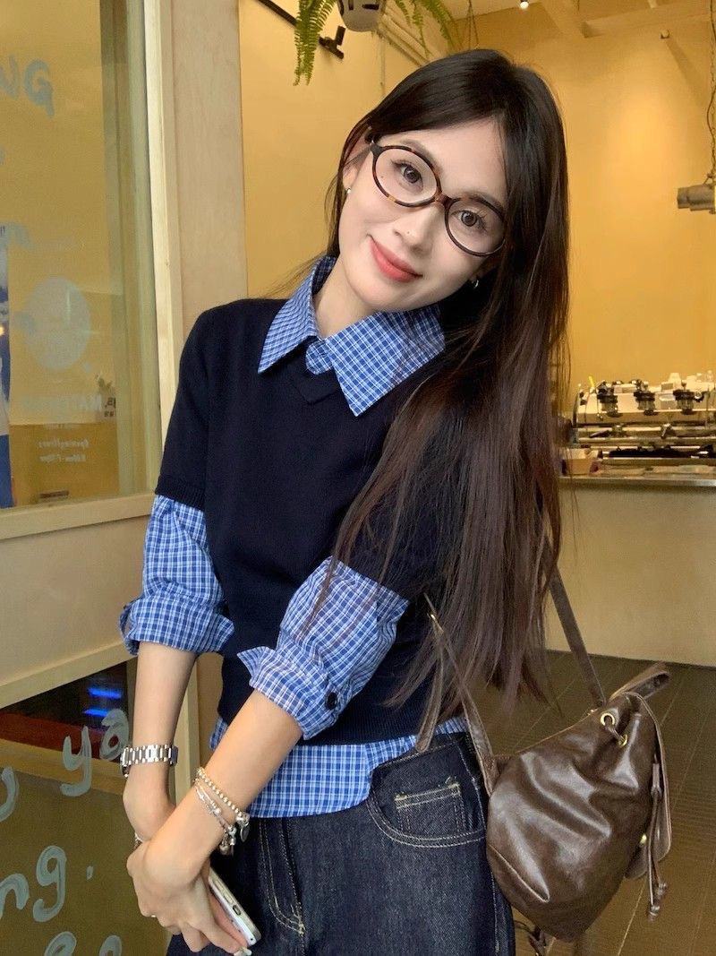 韩版修身短袖毛衣叠穿女衬衣针织衫套装秋冬长袖格子衬衫两件套
