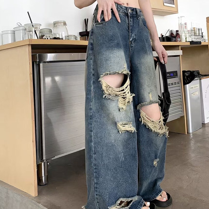 小个子小众美式破洞牛仔裤女夏季高腰直筒拖地裤辣妹复古阔腿裤潮
