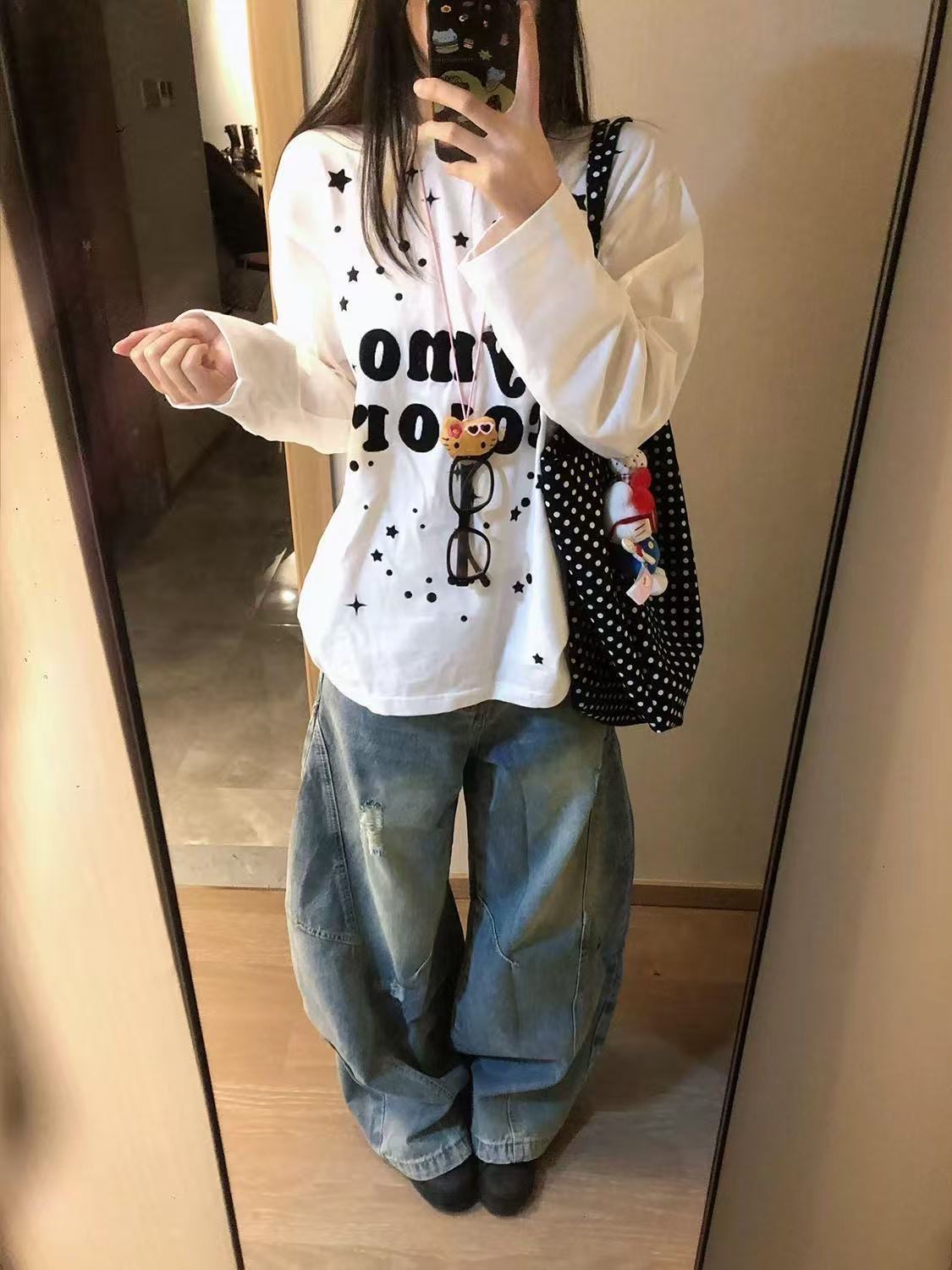 千禧亚文化穿搭星星爱心涂鸦印花秋冬宽松纯棉长袖T恤女打底上衣