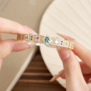 新中式 赢 国风足银999.9描金珐琅彩麻将轻奢手镯女 长 银匠