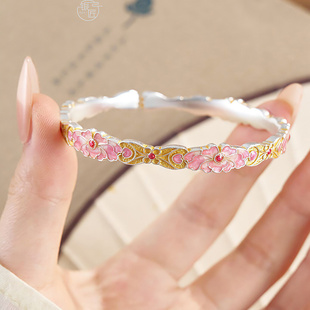 银匠[花想容]新中式国风足银999.9手镯女描金珐琅彩小众简约镯子