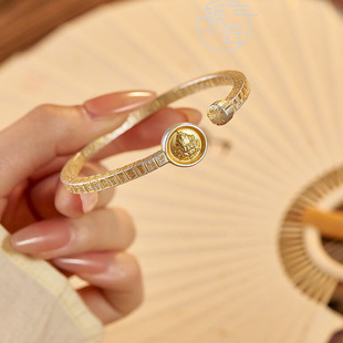 足银9999手镯新中式国风24K描金百福黄财神轻奢重工开口调节手环