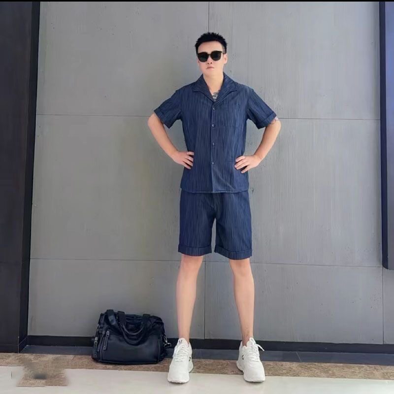 【现货】9999-9男士夏季新款短袖短裤休闲套装简约老钱风深蓝色