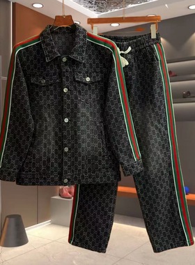 【现货】24815男士牛仔套装潮流翻领外套时尚休闲长裤百搭