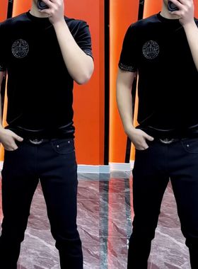 【现货】S658欧洲站秋季新款潮流金丝绒烫钻短袖T恤潮牌时尚半袖