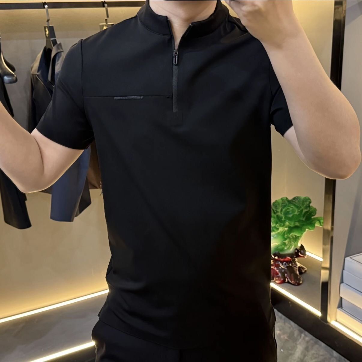 【现货】35285男士立领半拉链短袖T恤黑色休闲时尚高级感帅气古