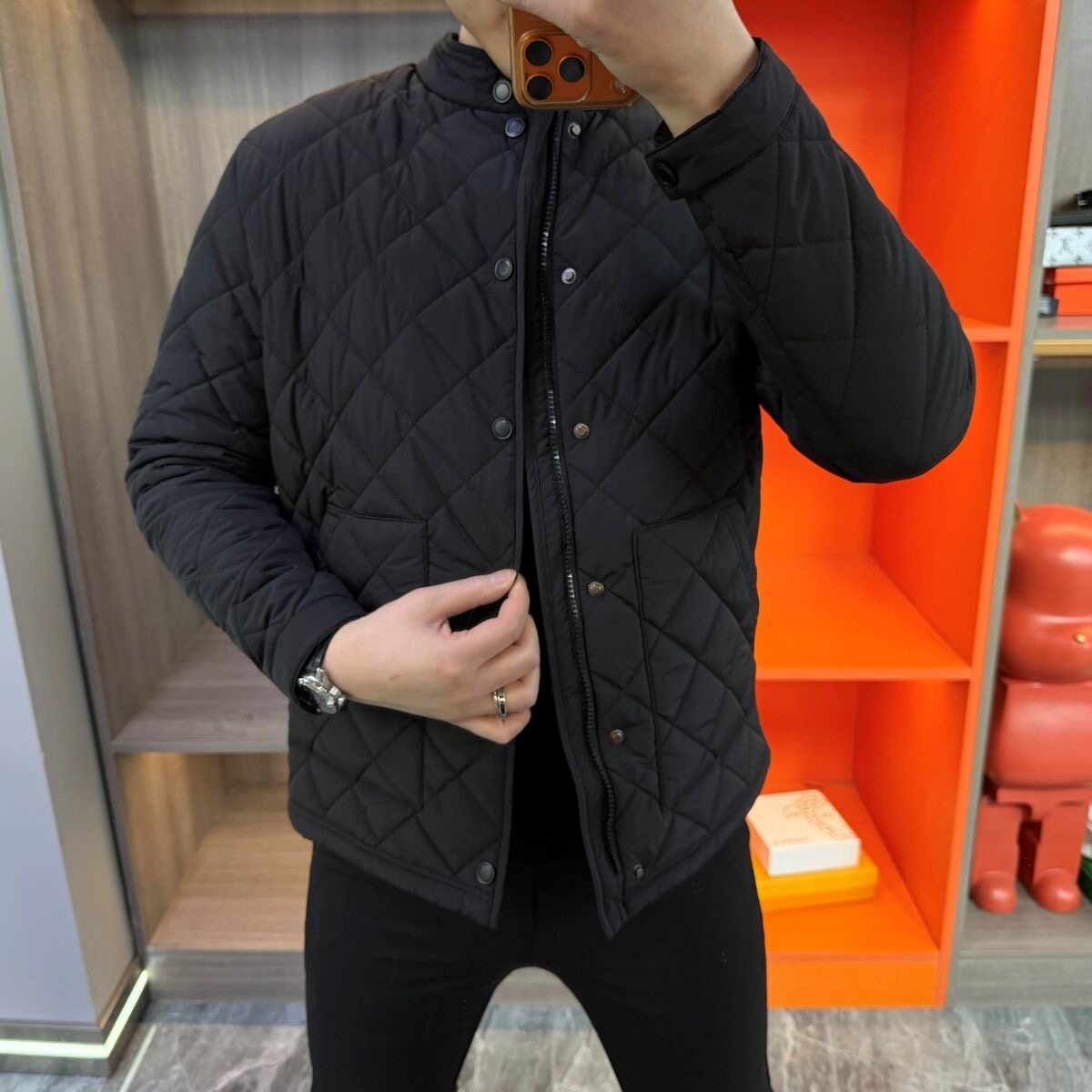 【现货】1968潮流立领菱格纹棉衣男青年修身百搭保暖棉袄外套