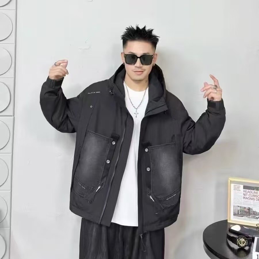 【现货】2523秋季新款水洗牛仔拼接外套痞帅连帽时尚夹克宽松简约