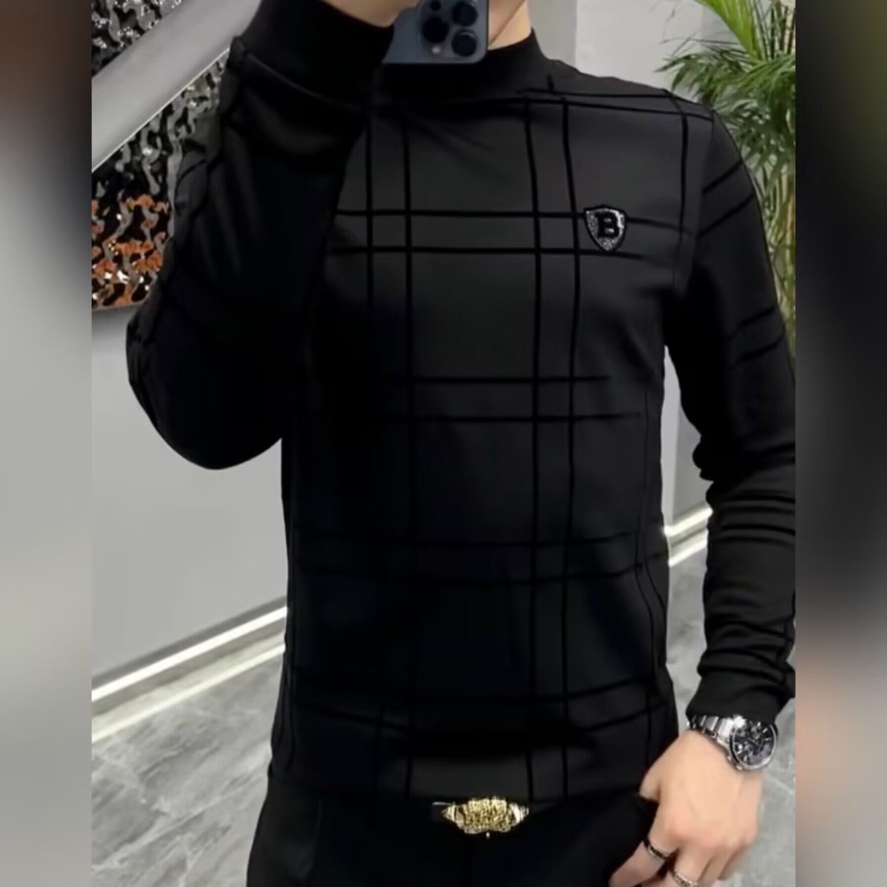 【现货】男士秋季黑色圆领烫钻小衫精品长袖T恤百搭卫衣打底衫