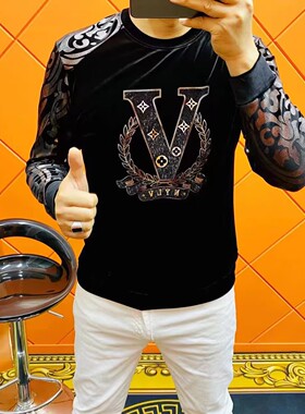 【现货】W526男士秋冬季圆领金丝绒长袖烫钻T恤百搭舒适潮流简约