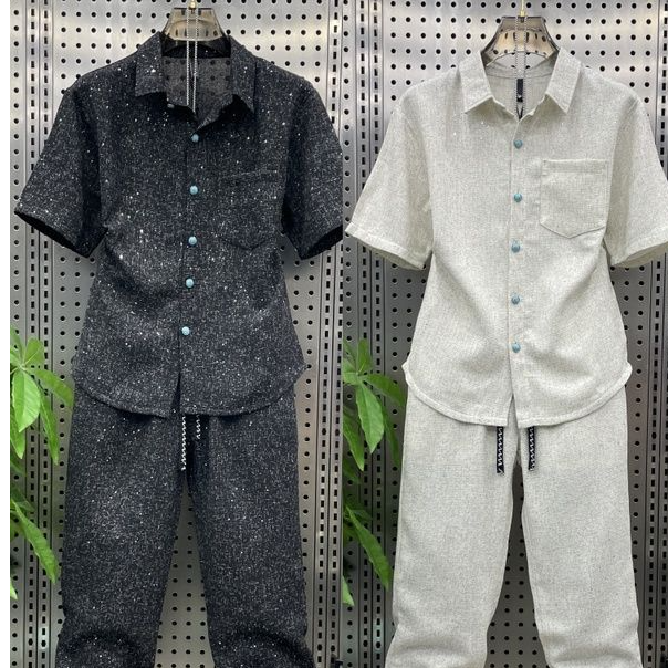 【现货】0908衬衫翻领夏男短款休闲运动套装网红韩版痞帅百搭