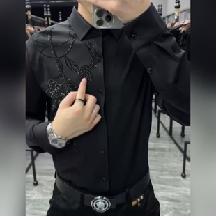 秋季 新品 轻奢欧货烫钻衬衫 黑色弹力长袖 2083男士 修身 翻领 现货