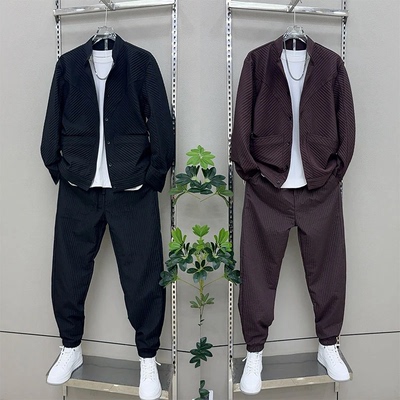 【现货】25258春季新款男士休闲套装潮流条纹时尚百搭两件套